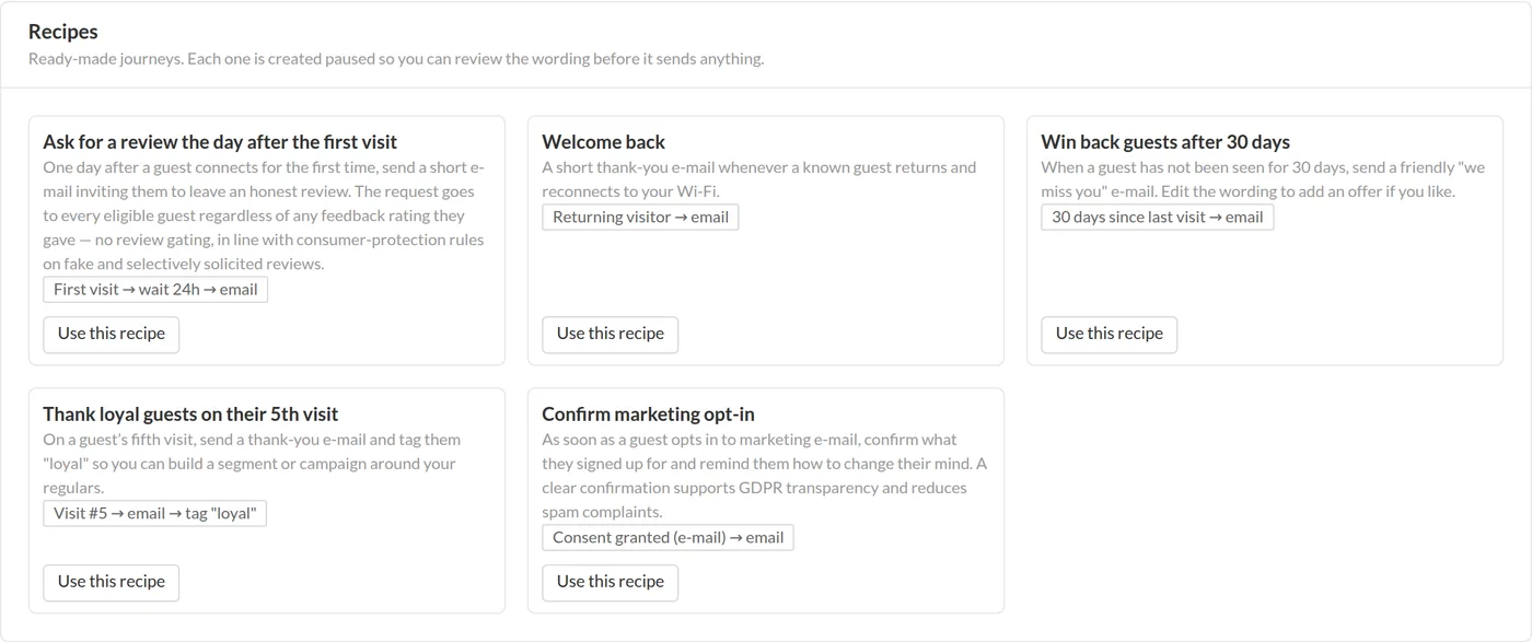 Automation recipes: review request, welcome, win-back, loyal guest