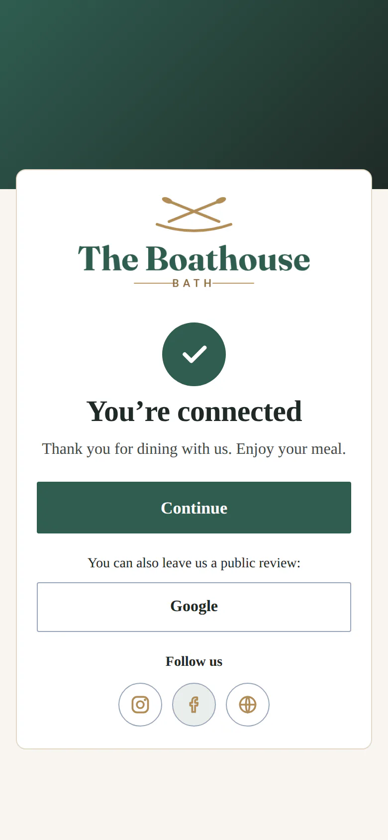 "You’re connected" screen with a review link and follow-us buttons